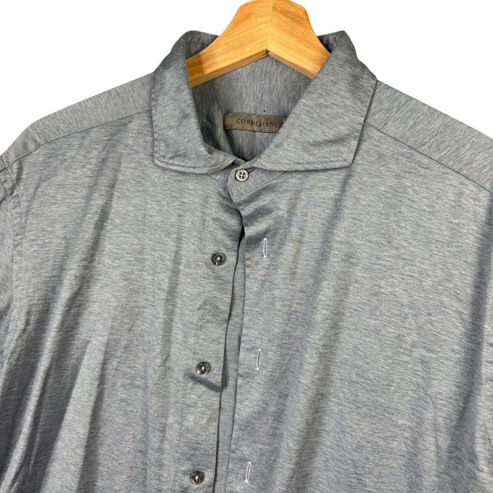 Corneliani Mens Gray Jersey Cotton Knit Long Sleeve Button Down Shirt 16.5 42